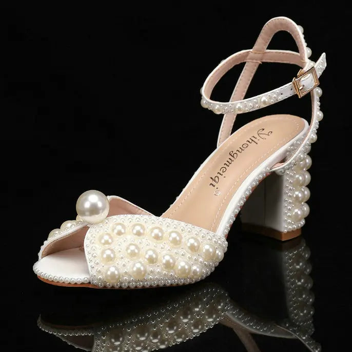 2025 New High Heels Thick Heel Shallow Mouth Women's Pearl Sandals Wedding Shoes Bridesmaid Shoes