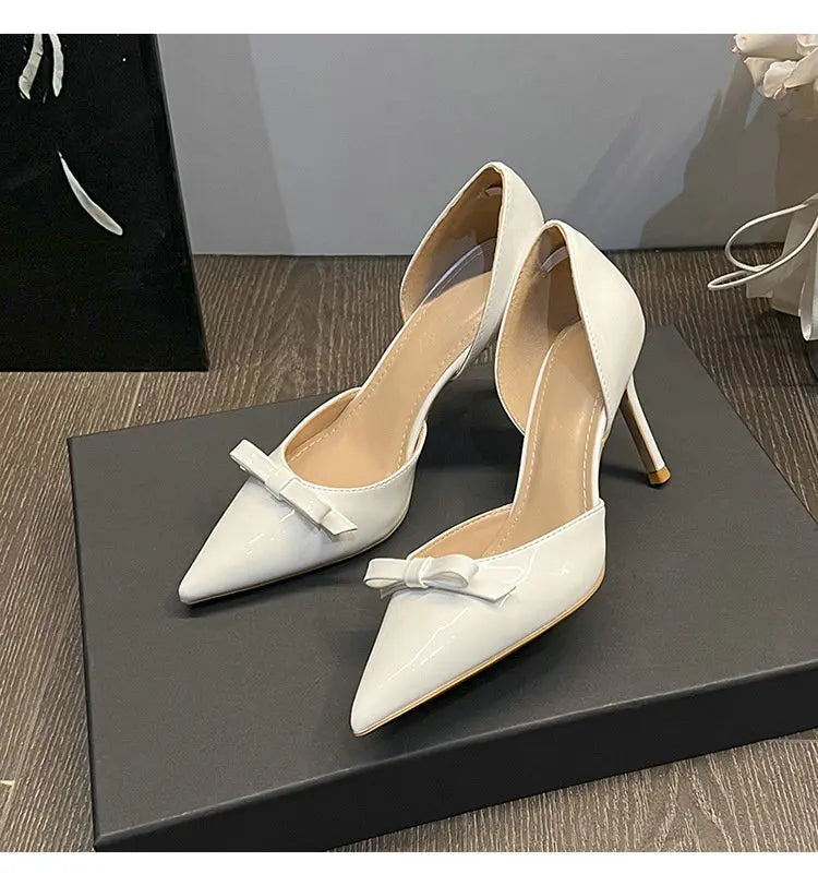 New Autumn Patent Leather Nude High Heels Thin Heel Pointed Bow Korean Version