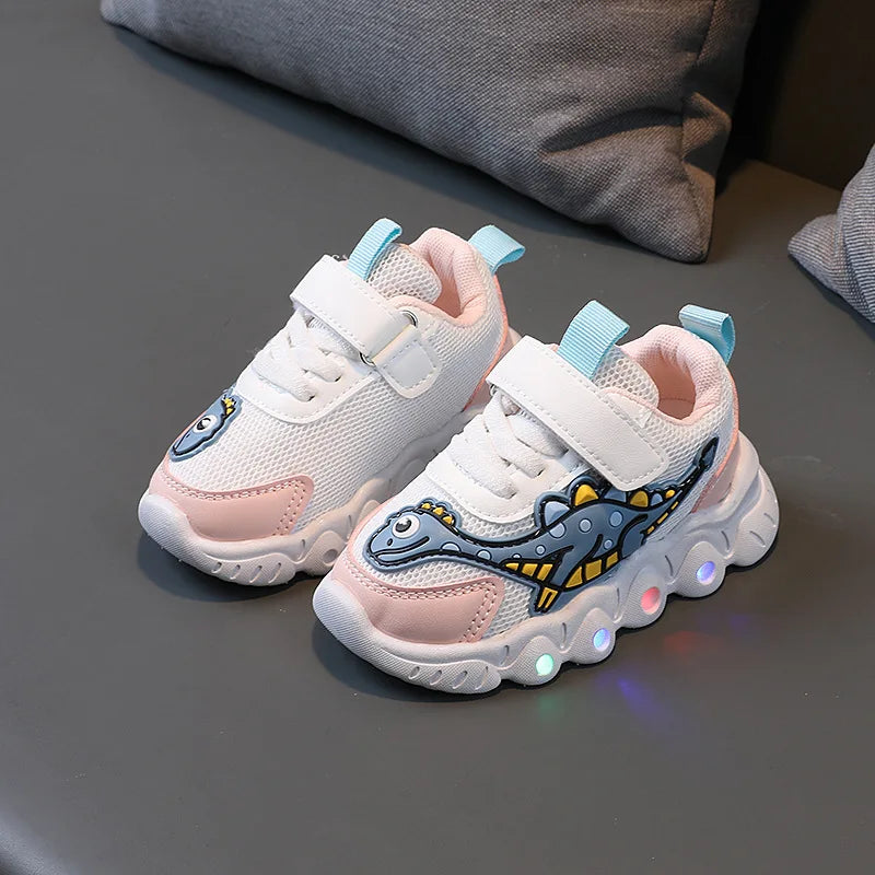2024 Popular Boys and Girls Dinosaur Glowing Sports Shoes Spring Autumn Breathable Mesh Kids Casual Shoes Designer Tenis De Niño