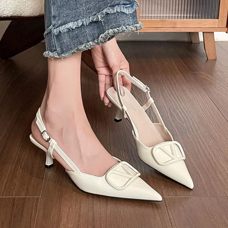 2025 Summer New 41-42 Large Size French Sandals Women's V Buckle Pointed Stilettos, Rear Empty Skirt High Heels
