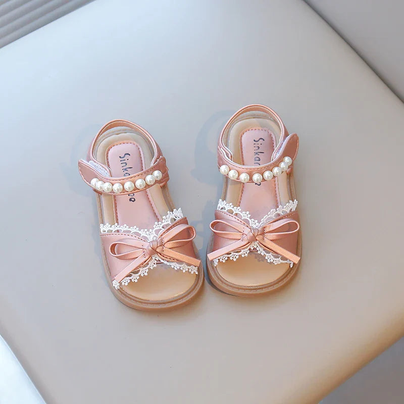 Summer Girl's Princess Shoes Lace Bowtie Open Toe Pearl Sweet Kid's Flat Shoe Solid Colors Anti-slip Chic Daily Children Shoe