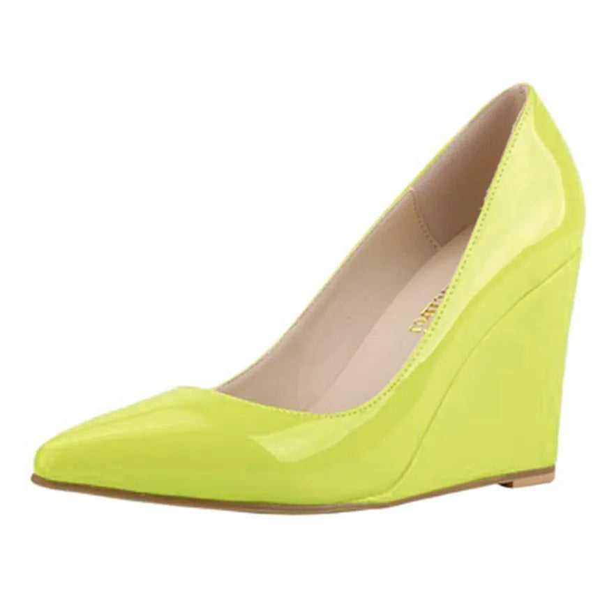 14 Colors Women Patent Leather Wedge Shoes Autumn Pointy Toe Shallow Woman Pumps Red Yellow High Heels Female Wedding Dress Shoe
