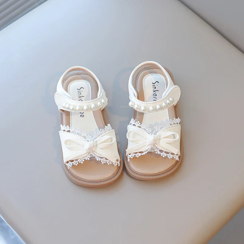 Summer Girl's Princess Shoes Lace Bowtie Open Toe Pearl Sweet Kid's Flat Shoe Solid Colors Anti-slip Chic Daily Children Shoe