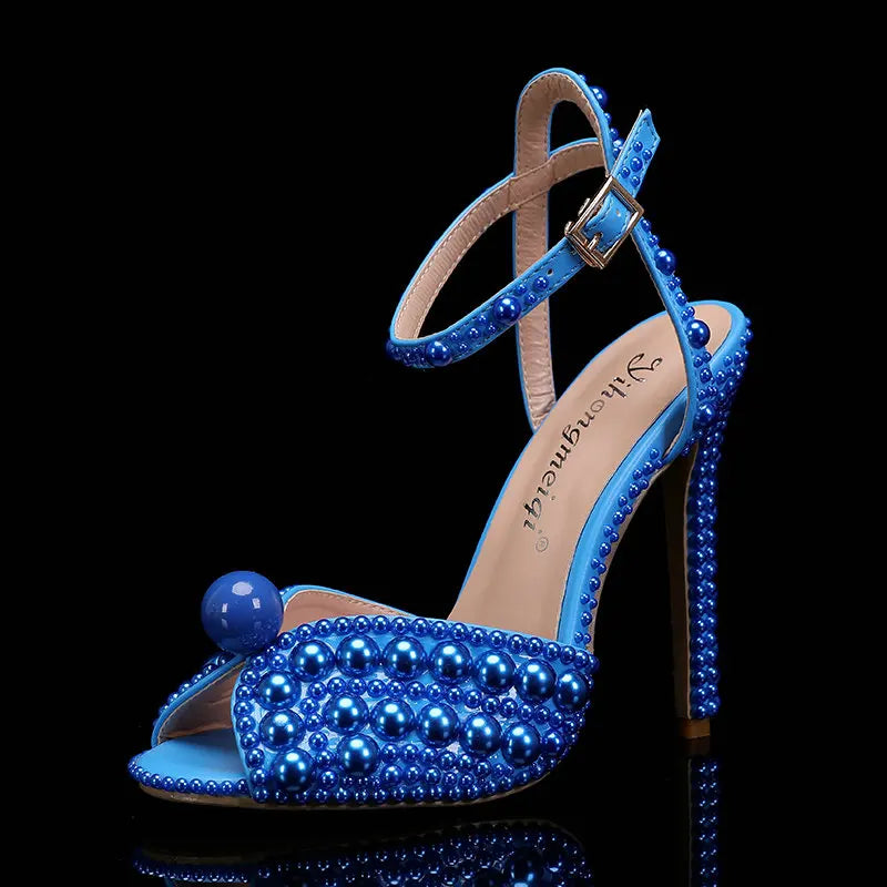 2025 New High Heels Thick Heel Shallow Mouth Women's Pearl Sandals Wedding Shoes Bridesmaid Shoes