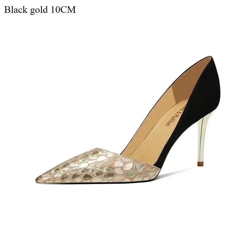 Fashion New Genuine Leather Women Pumps,Side Shallow Out High Heels Autumn Shoes,Slip on,Green,Gold,Pointed Toe Dropship