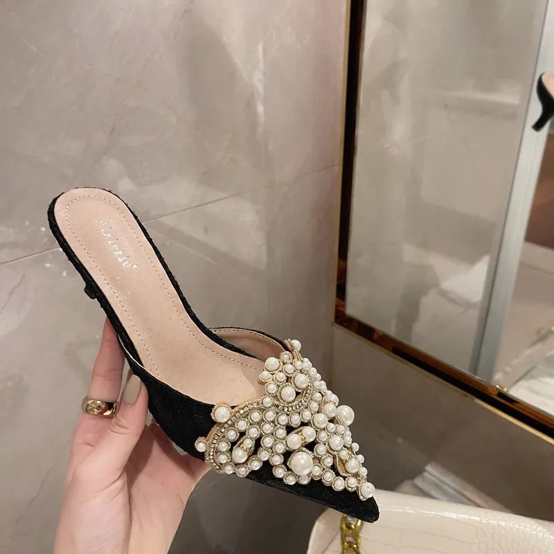 New Slippers Fashion Pointy Head Pearl Half Slippers Fine Heeled Sandals Women's Shoes 42 Yards Middle Heeled Mules Shoes