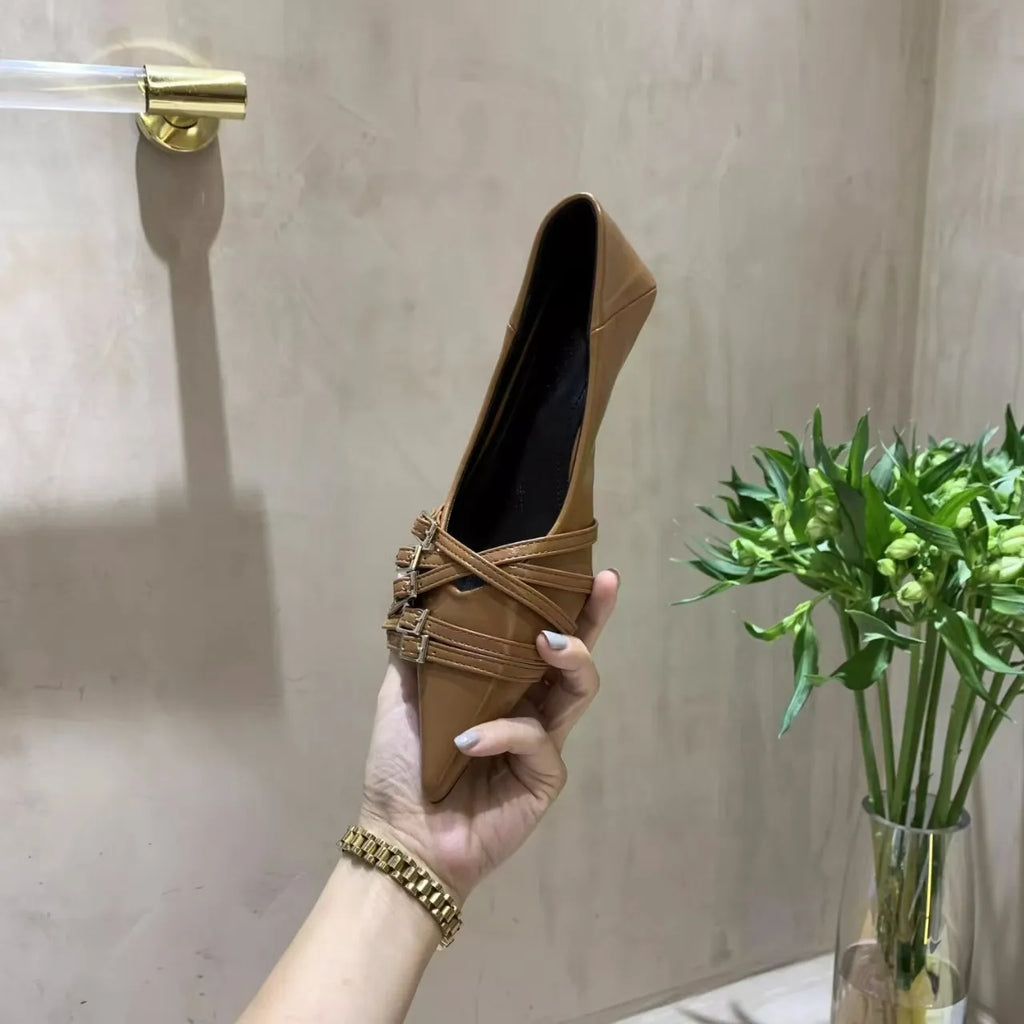 Thin Heeled Square Buckle High Heels for Women 2025 New French Style Shallow Mouth Low Heel Small Leather Shoes