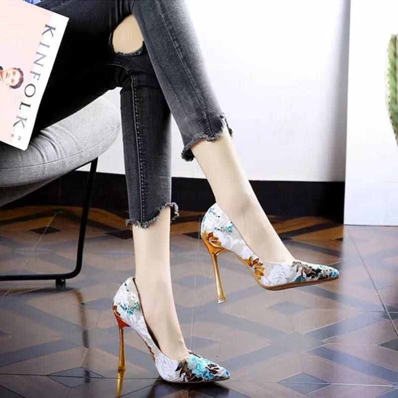Fashion Printed Pointed Colored Mesh Red Gentle Shoes 2025 Spring Thin Heel Waterproof Platform Ultra High Heel Single Shoe