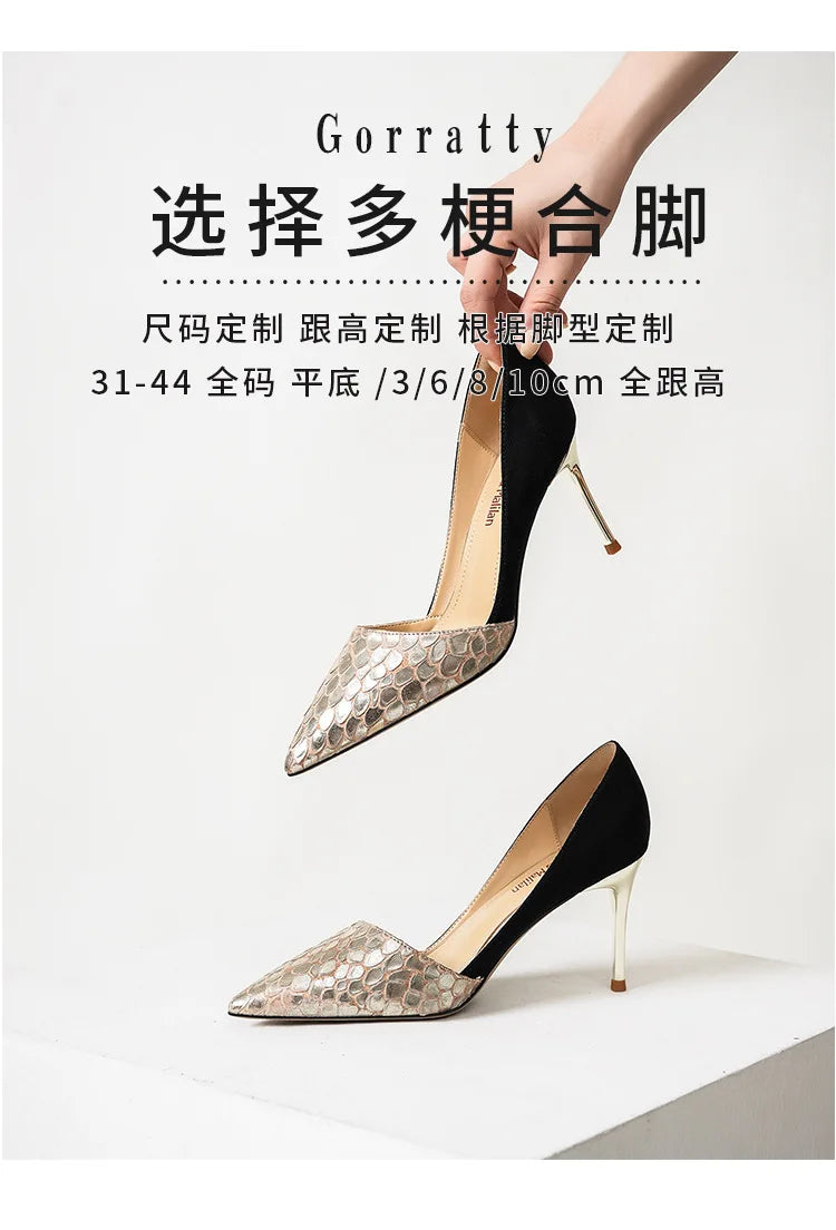 Black Green Leather Splicing High Heels 10cm Women Shoes Thin Heels Suede Pointed Head Ladies Pumps Shallow Stiletto Party Shoes