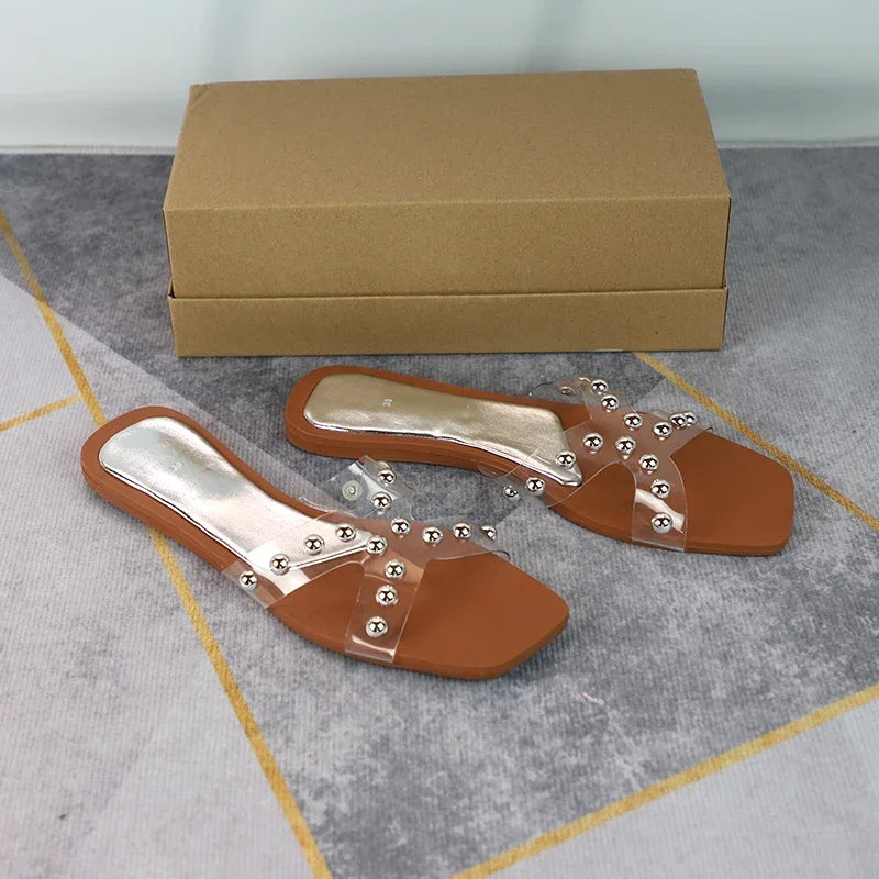 2025 New Arrival Women's Slip-On Flat Sandals Outdoor Cross Design Transparent PVC Non-Slip Beach Shoes Plus Size Slippers