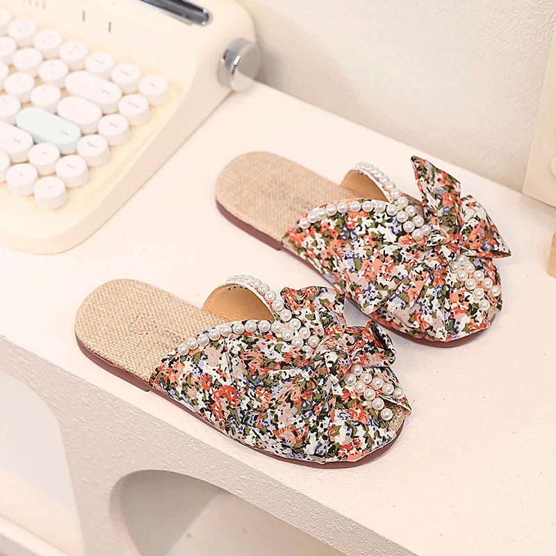 Sweet Girl's Slippers Flower Pearl Elegant Blue Orange Children Sliders Leisure Peep Toe 26-36 Light Slip-on Kids Summer Shoes