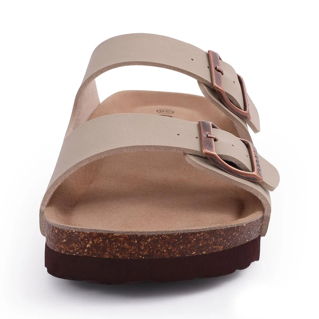 Shevalues Men Classic Leather Sandals Fashion Double Outdoor Beach Shoes Comfort Unisex Cork Footbed Slippers With Arch Support