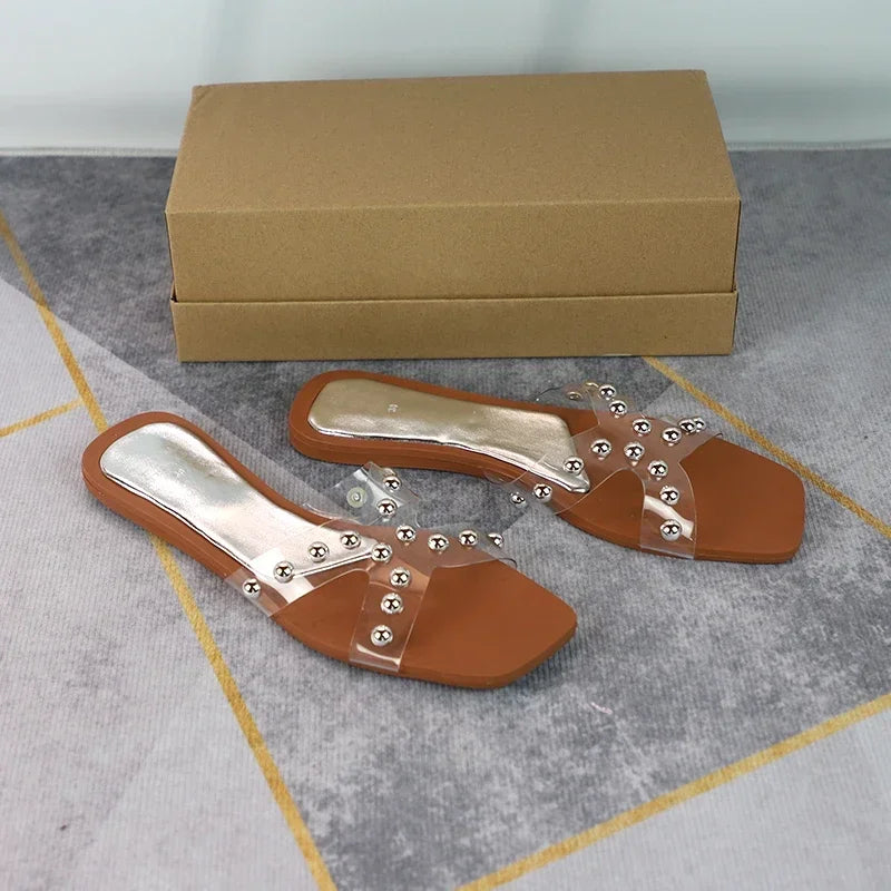 2025 New Arrival Women's Slip-On Flat Sandals Outdoor Cross Design Transparent PVC Non-Slip Beach Shoes Plus Size Slippers