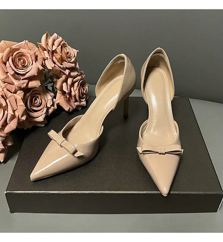 New Autumn Patent Leather Nude High Heels Thin Heel Pointed Bow Korean Version