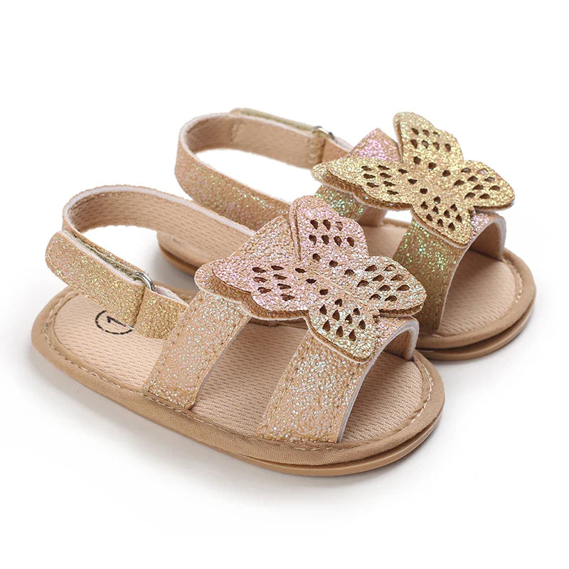 Golden 0-18M Baby Girl Sandals With Butterfly Bow High-Quality Soft Sole Anti Slip Exposed Toe Summer Outdoor First Walking