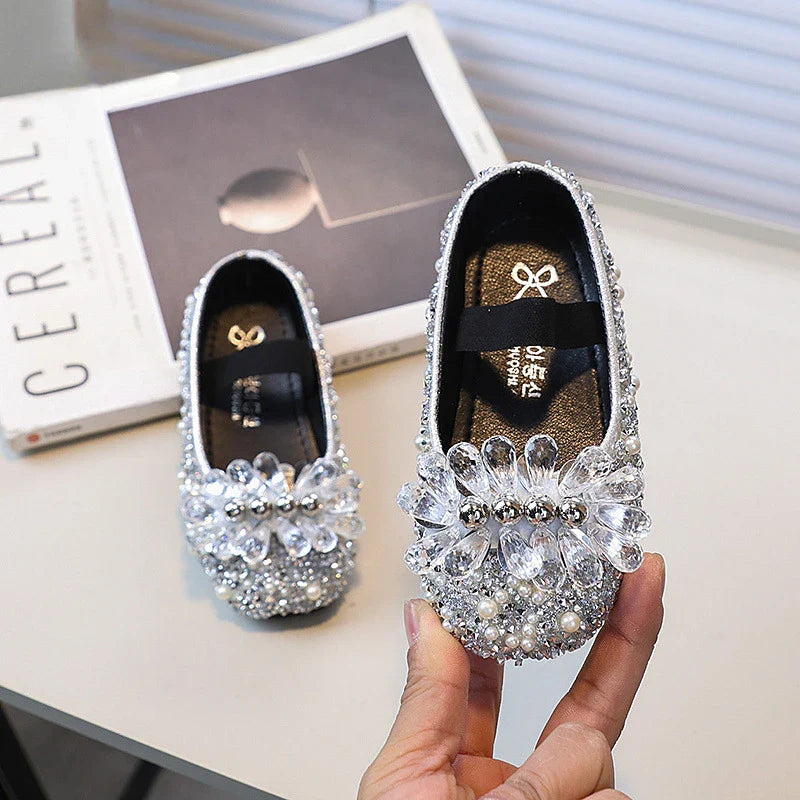 Luxury Girl Shoes Rhinestone Sweet Children Princess Leather Shoes 2025 New Performance Versatile Kids Causal Flat Ballet Shoes
