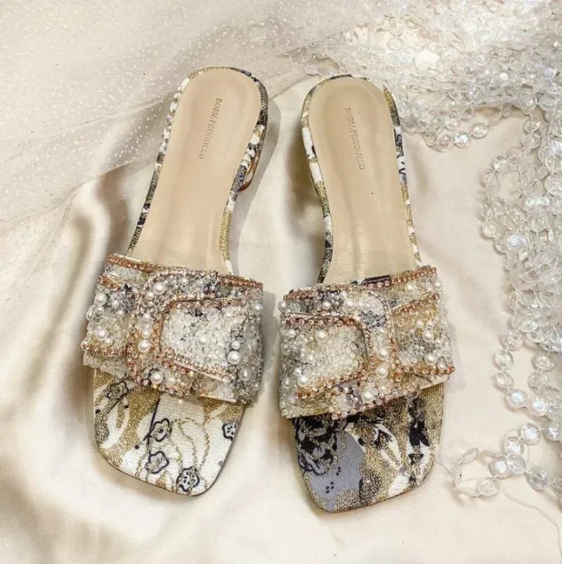 Chunky Heel Fashion Flat Ladies Rhinestone Slippers Women's Shoes Comfort Summer Peep Toe Woman Shoes Zapatos Mujer