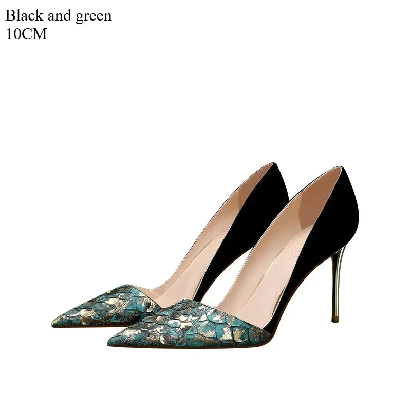 Fashion New Genuine Leather Women Pumps,Side Shallow Out High Heels Autumn Shoes,Slip on,Green,Gold,Pointed Toe Dropship