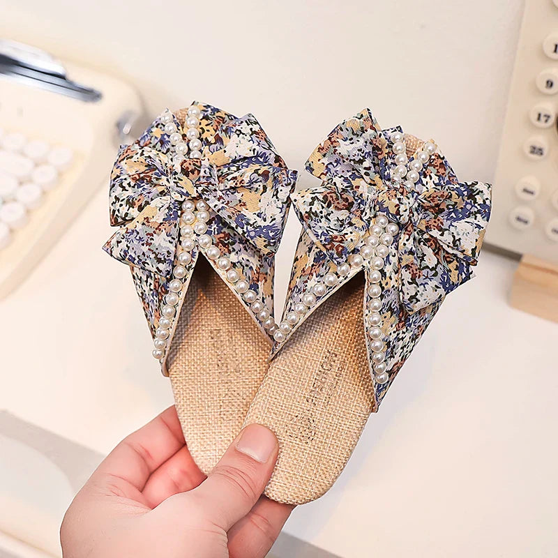 Sweet Girl's Slippers Flower Pearl Elegant Blue Orange Children Sliders Leisure Peep Toe 26-36 Light Slip-on Kids Summer Shoes