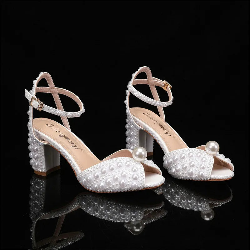 2025 New High Heels Thick Heel Shallow Mouth Women's Pearl Sandals Wedding Shoes Bridesmaid Shoes