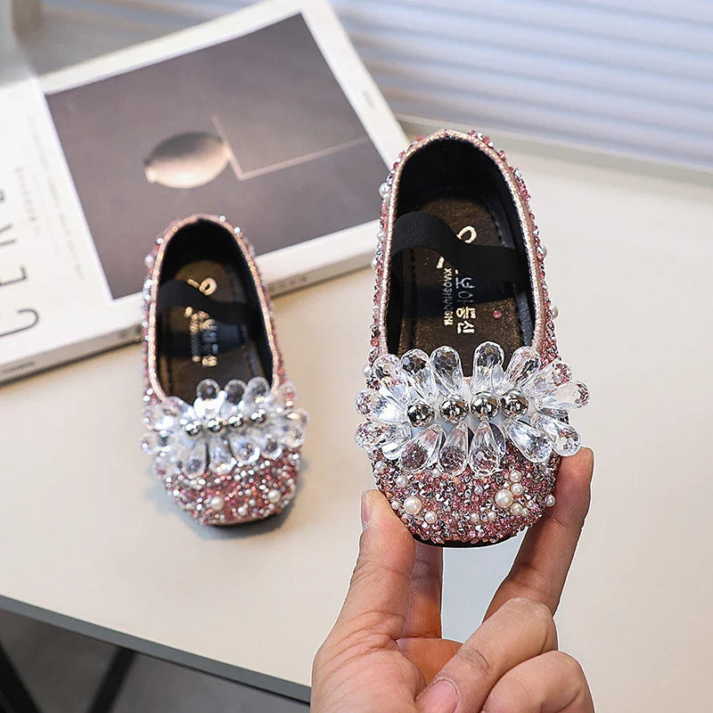 Luxury Girl Shoes Rhinestone Sweet Children Princess Leather Shoes 2025 New Performance Versatile Kids Causal Flat Ballet Shoes