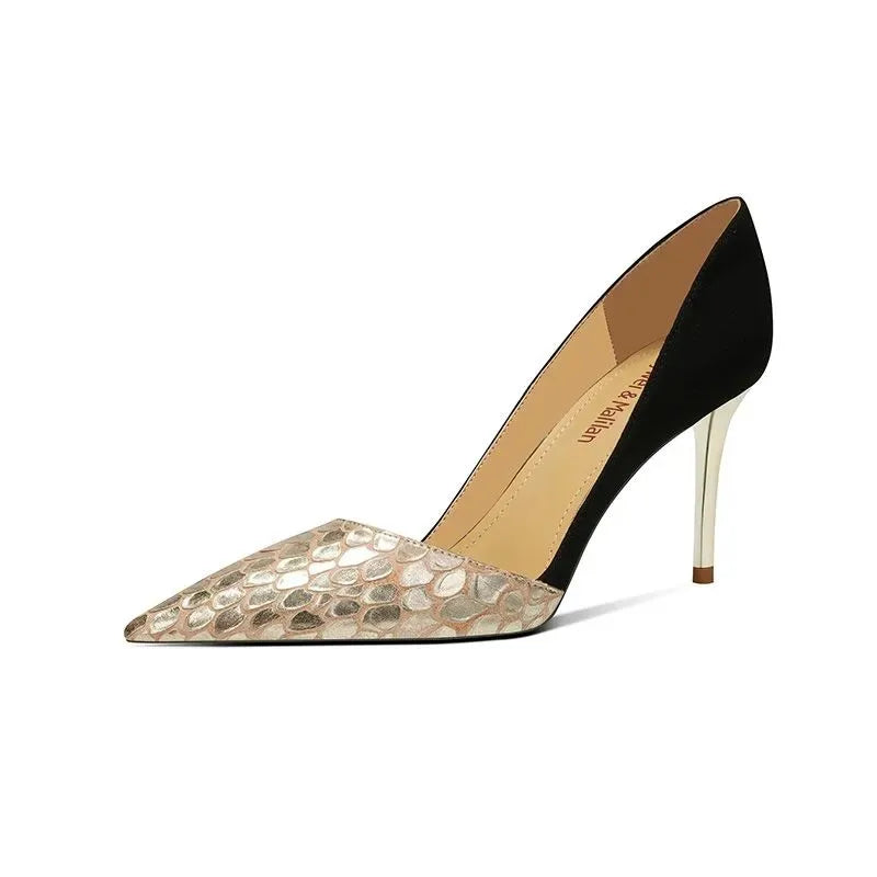 Fashion New Genuine Leather Women Pumps,Side Shallow Out High Heels Autumn Shoes,Slip on,Green,Gold,Pointed Toe Dropship