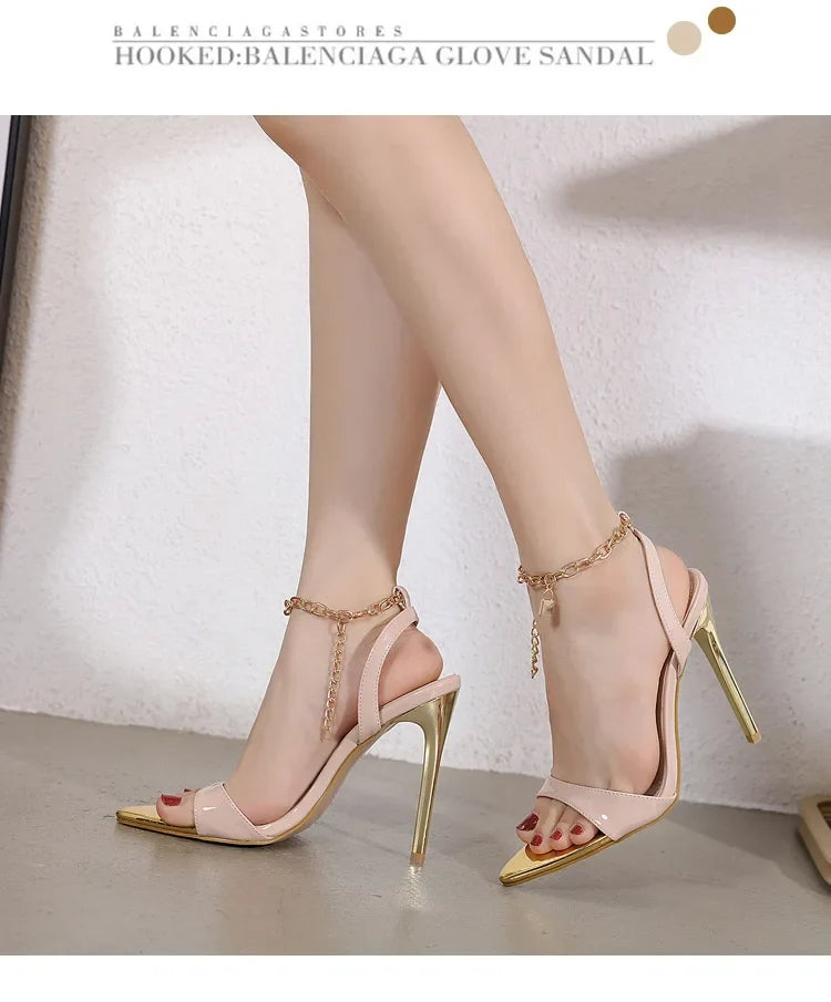 New Summer Sandals Women Fashion Gold Chain Ankle Strap Sexy Peep Toe Ladies Metal High Heels Sandals Woman Party Shoes Pumps