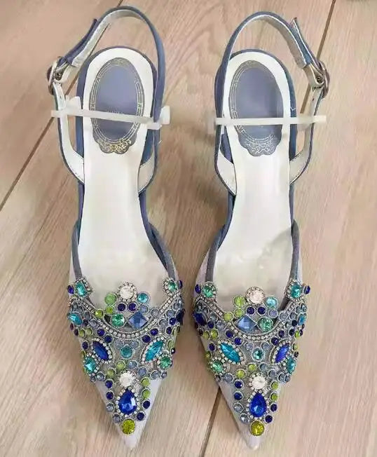 Multi-color Diamond Rhinestone Pearl Wedding Lace Sandals Women Pointed Toe Ankle Strap High Heels Woman Shoes
