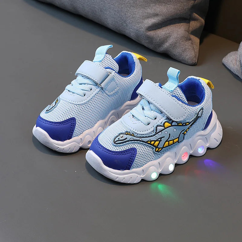 2024 Popular Boys and Girls Dinosaur Glowing Sports Shoes Spring Autumn Breathable Mesh Kids Casual Shoes Designer Tenis De Niño
