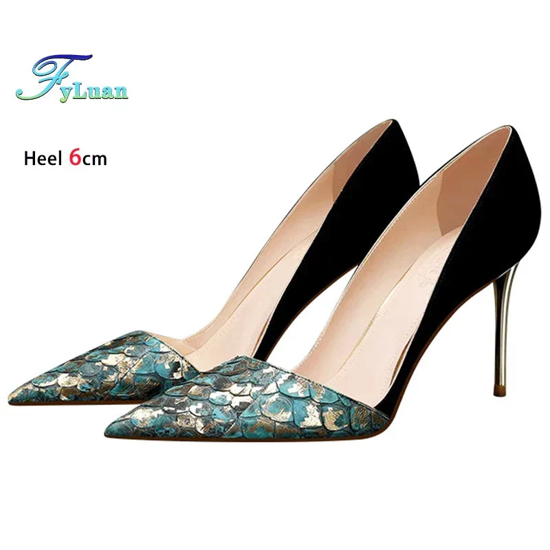 Black Green Leather Splicing High Heels 10cm Women Shoes Thin Heels Suede Pointed Head Ladies Pumps Shallow Stiletto Party Shoes