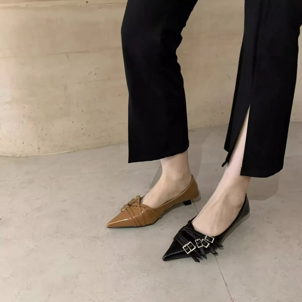 Thin Heeled Square Buckle High Heels for Women 2025 New French Style Shallow Mouth Low Heel Small Leather Shoes