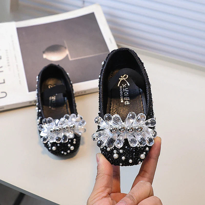 Luxury Girl Shoes Rhinestone Sweet Children Princess Leather Shoes 2025 New Performance Versatile Kids Causal Flat Ballet Shoes