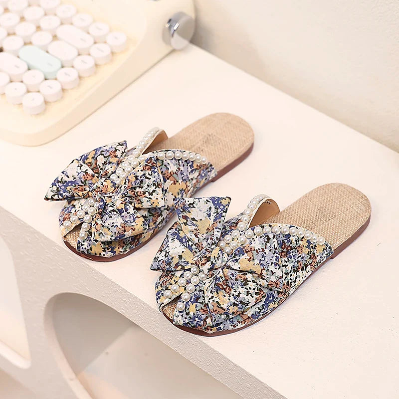 Sweet Girl's Slippers Flower Pearl Elegant Blue Orange Children Sliders Leisure Peep Toe 26-36 Light Slip-on Kids Summer Shoes