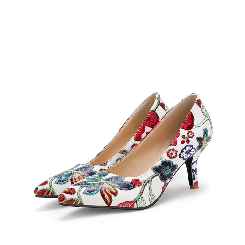 Ladies Retro Pumps Sexy High Heels Stiletto Black Green Blue Flowers Slip-Ons Plus Size 45-2 Wide Foot Shoes For Party Nigh Club