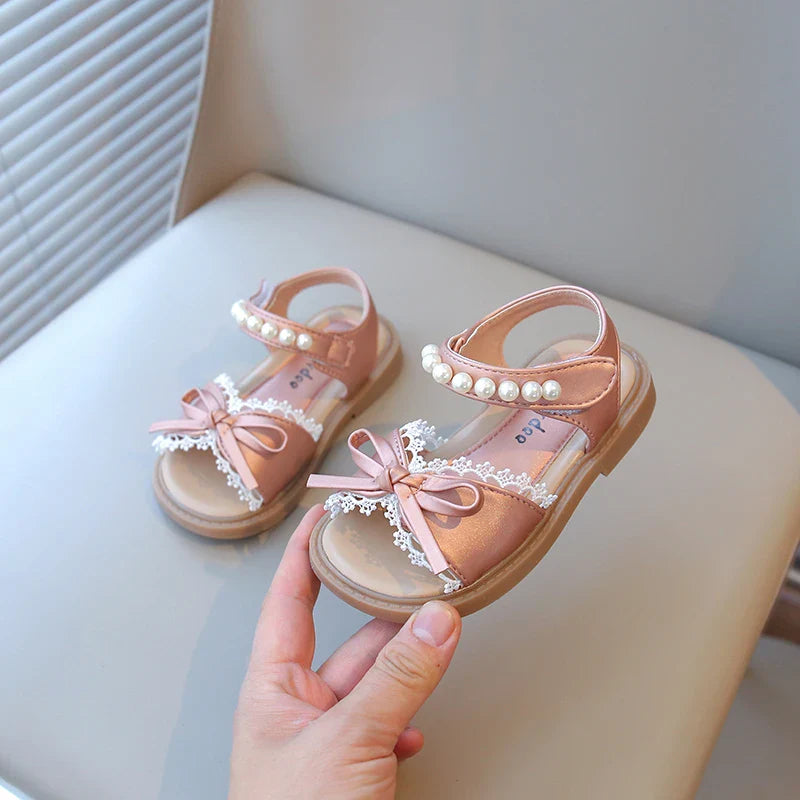 Summer Girl's Princess Shoes Lace Bowtie Open Toe Pearl Sweet Kid's Flat Shoe Solid Colors Anti-slip Chic Daily Children Shoe