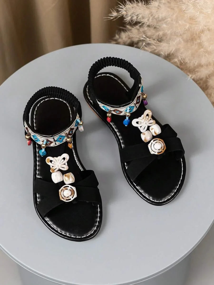 Fashion Children's Sandals 2025 Bohemian Shoes Hook Loop Comfortable Beach Sandals Random Beads Color