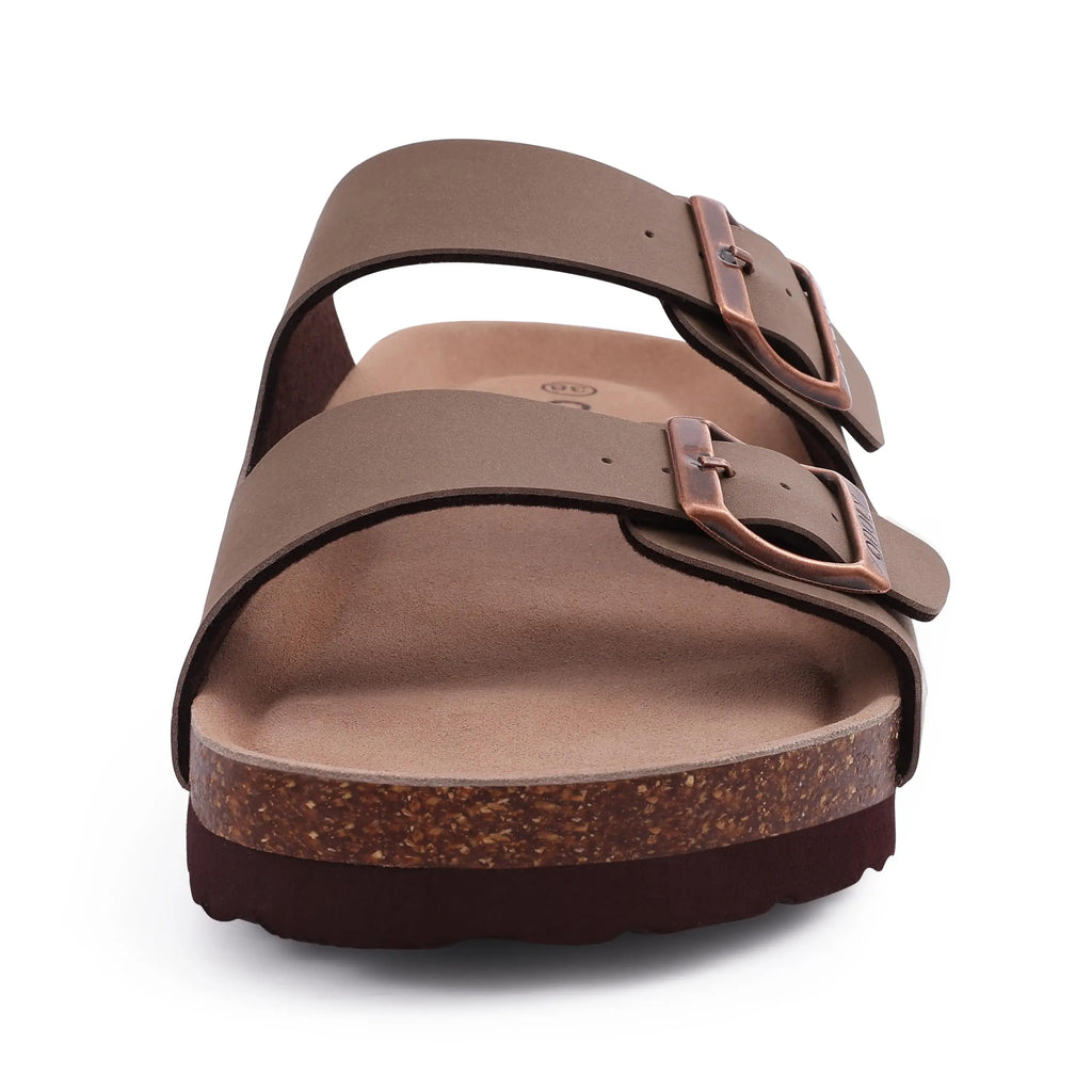 Shevalues Men Classic Leather Sandals Fashion Double Outdoor Beach Shoes Comfort Unisex Cork Footbed Slippers With Arch Support