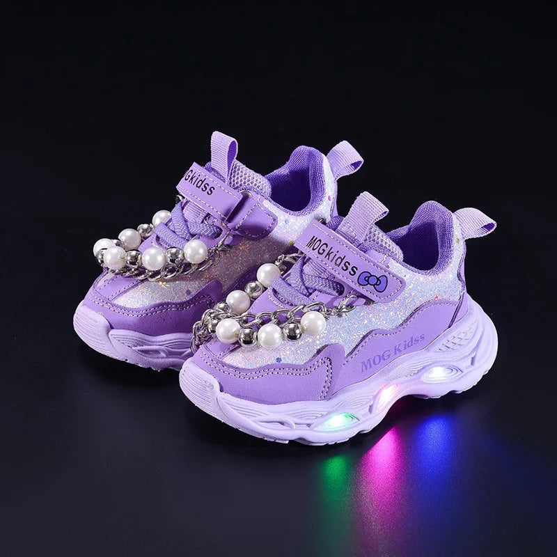 2025 Girls Princess Shoes with LED Lights Pearl Chains Soft Sole Toddler Sneakers Breathable Mesh Light Up Athletic Shoes