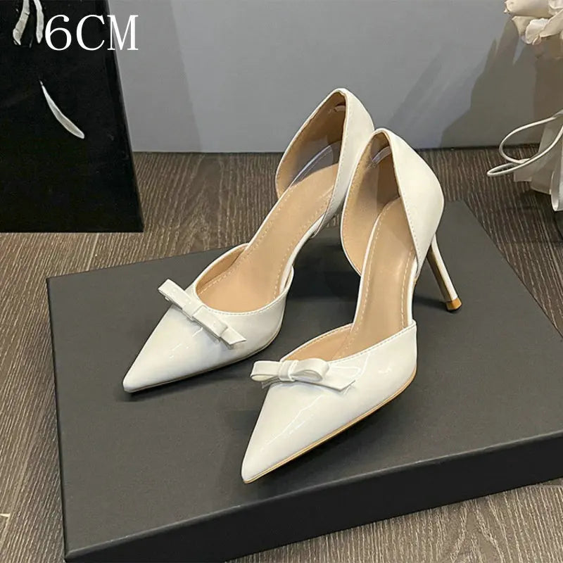 New Autumn Patent Leather Nude High Heels Thin Heel Pointed Bow Korean Version