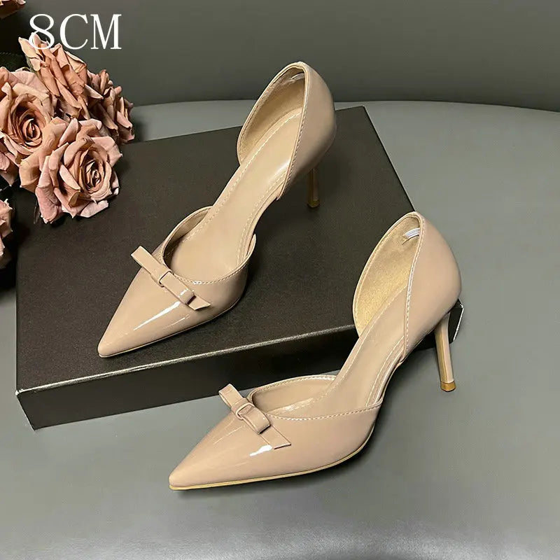 New Autumn Patent Leather Nude High Heels Thin Heel Pointed Bow Korean Version