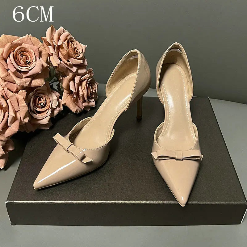 New Autumn Patent Leather Nude High Heels Thin Heel Pointed Bow Korean Version