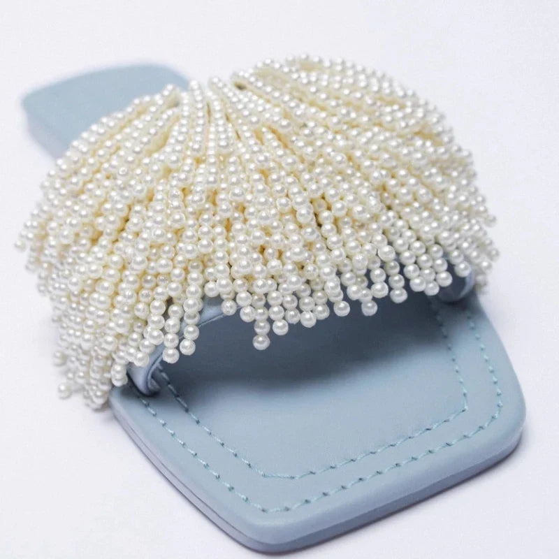 2025 Handmade Pearls Open Toe Flat Heels, Elegant Dress Woman Outdoor Fashion Casual Party Beach Slippers Slideshow