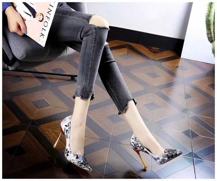 Fashion Printed Pointed Colored Mesh Red Gentle Shoes 2025 Spring Thin Heel Waterproof Platform Ultra High Heel Single Shoe
