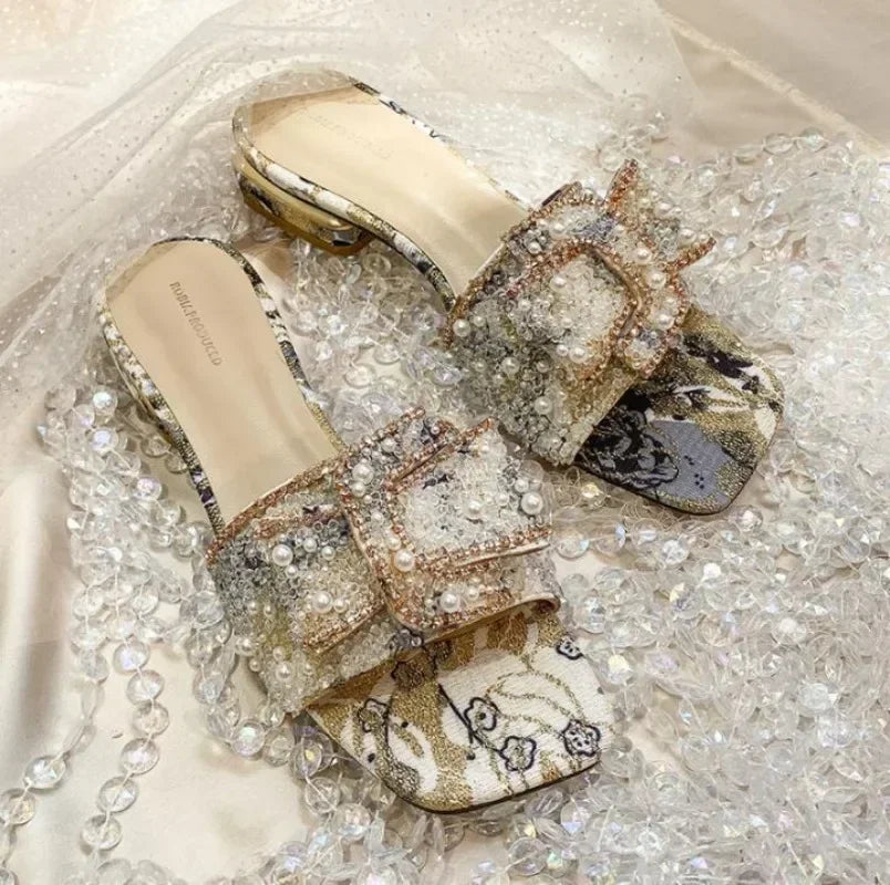 Chunky Heel Fashion Flat Ladies Rhinestone Slippers Women's Shoes Comfort Summer Peep Toe Woman Shoes Zapatos Mujer