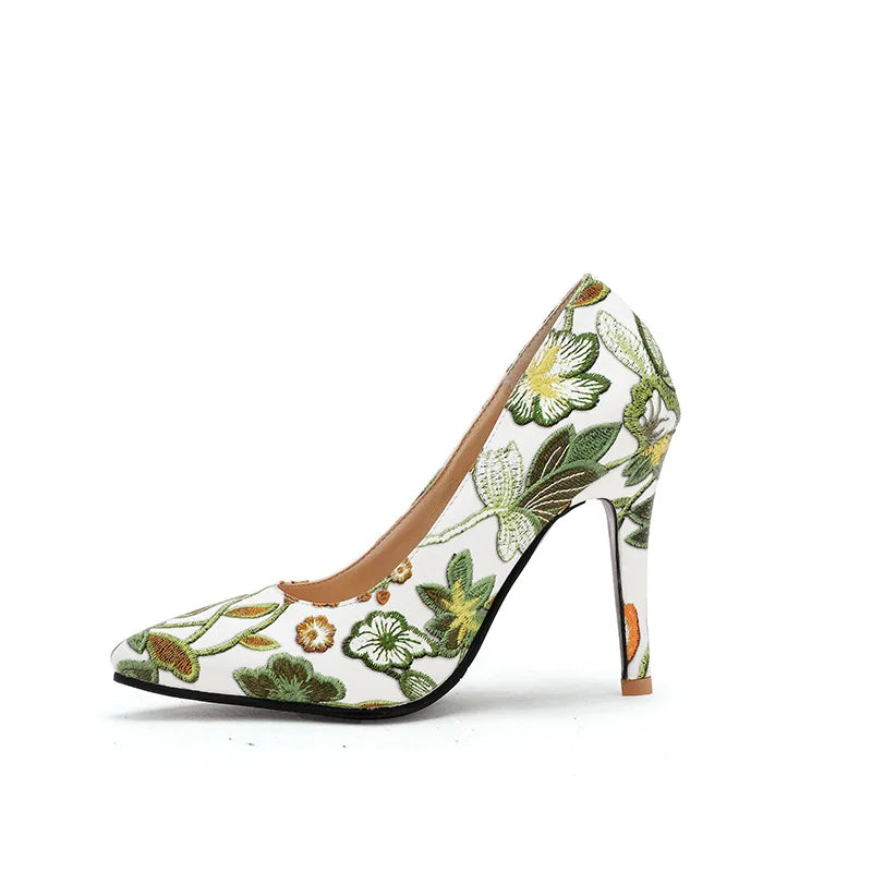 Ladies Retro Pumps Sexy High Heels Stiletto Black Green Blue Flowers Slip-Ons Plus Size 45-2 Wide Foot Shoes For Party Nigh Club