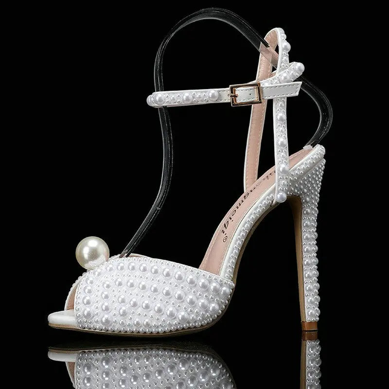 2025 New High Heels Thick Heel Shallow Mouth Women's Pearl Sandals Wedding Shoes Bridesmaid Shoes