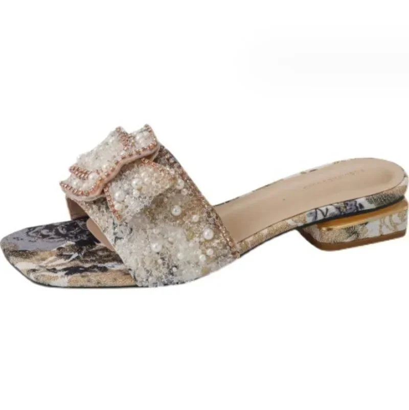 Chunky Heel Fashion Flat Ladies Rhinestone Slippers Women's Shoes Comfort Summer Peep Toe Woman Shoes Zapatos Mujer
