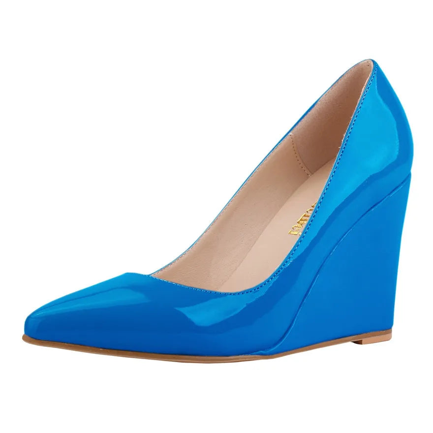 14 Colors Women Patent Leather Wedge Shoes Autumn Pointy Toe Shallow Woman Pumps Red Yellow High Heels Female Wedding Dress Shoe
