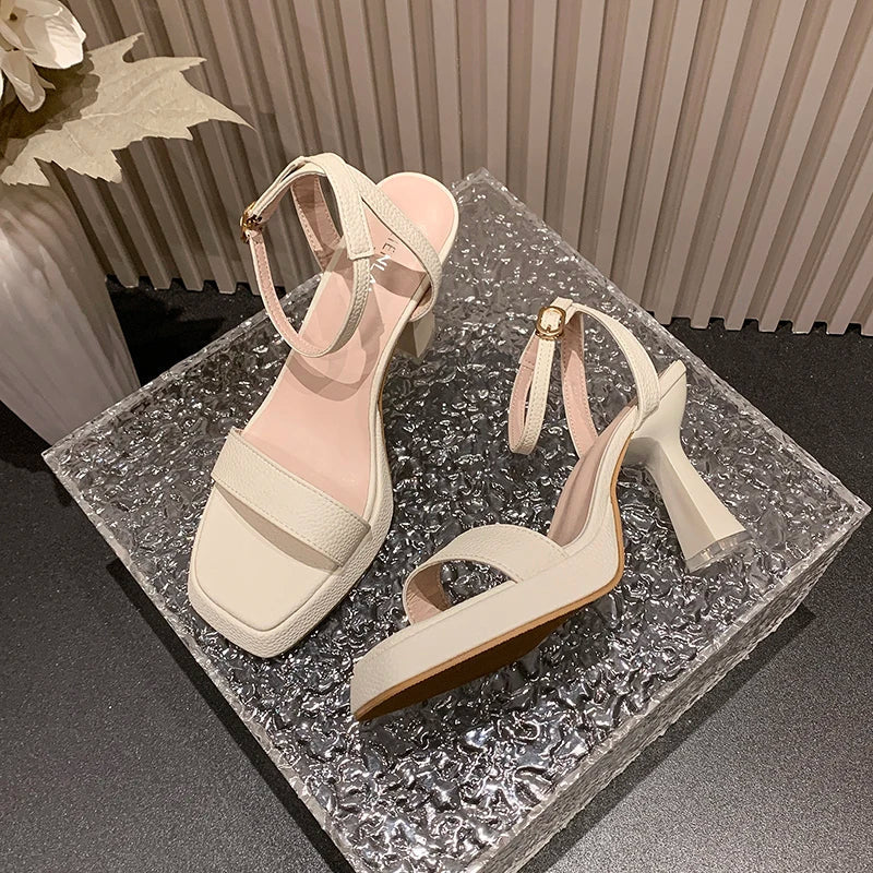 2025 Summer Fashionable Women's Shoes Thick Sole Ankle Strap High Heel Waterproof Platform Shoes Pink Sandals 9cm