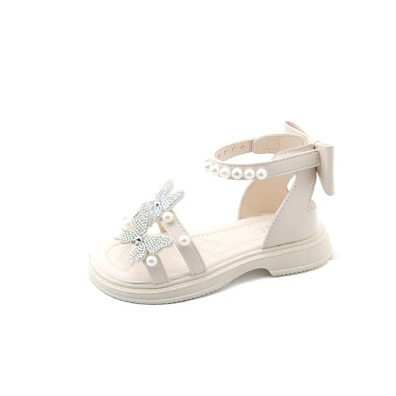 Kids Roman Sandals 2024 New Girls'  Princess Shoes with Butterfly Girl Fashion Sweet Pearl Beach Shoes with Back Knot Anti Slip